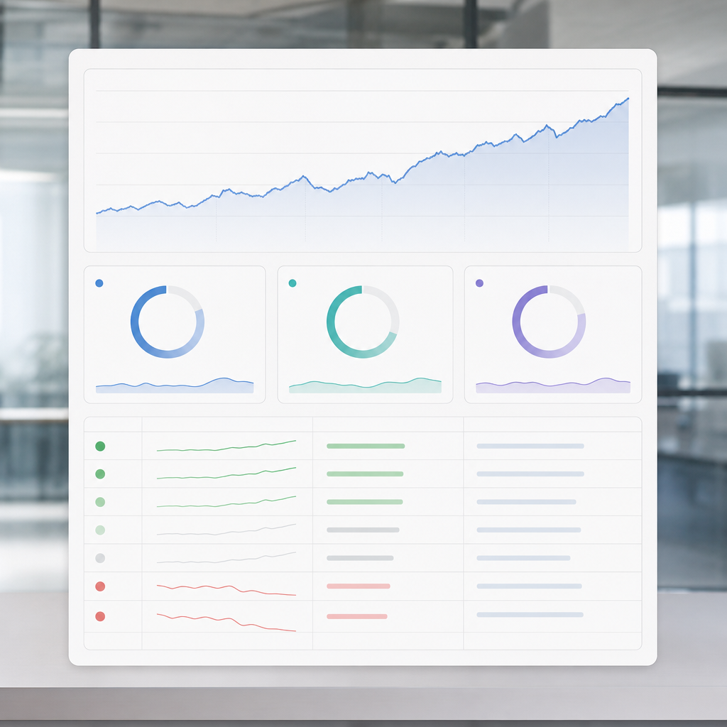 Photo realistic dashboard one-pager for an SEO ranking report showing a visibility score trend chart