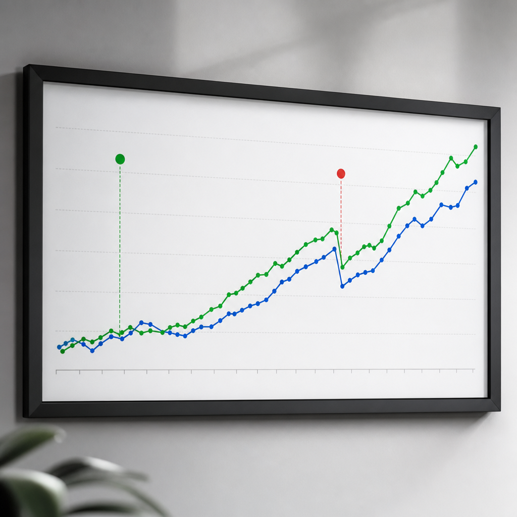 Annotated SEO rank trend chart for a priority keyword set showing two lines - visibility score and o