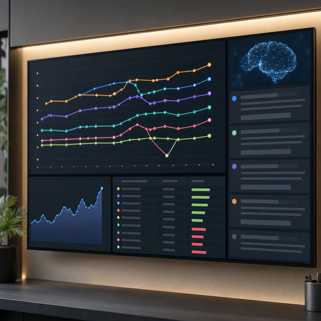 A clean Looker Studio dashboard showing a rank trend chart for priority keywords, a visibility score