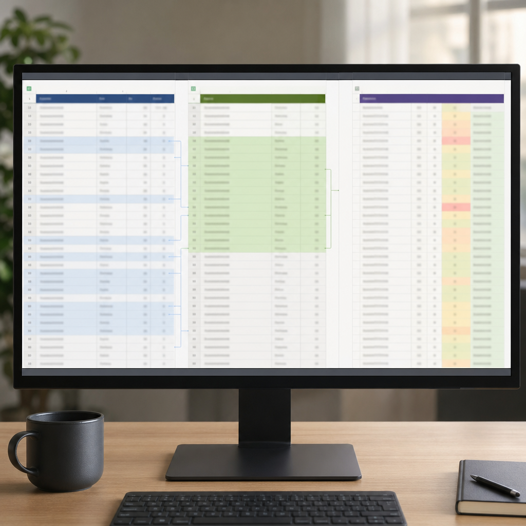 Screenshot-style image of a dashboard showing Google Search Console query-to-page exports side-by-si
