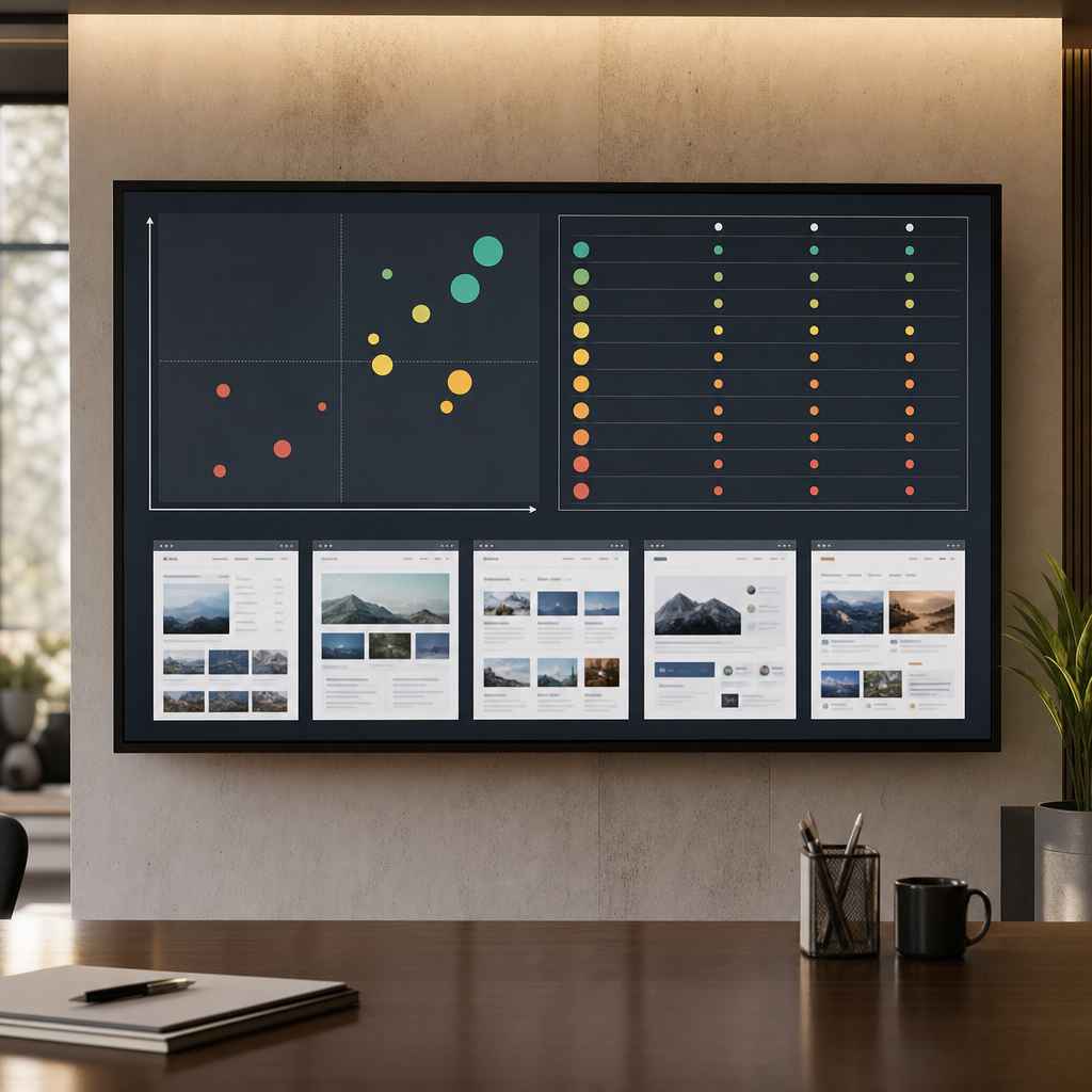 Professional dashboard style image showing a keyword prioritization matrix with axes Intent Score an