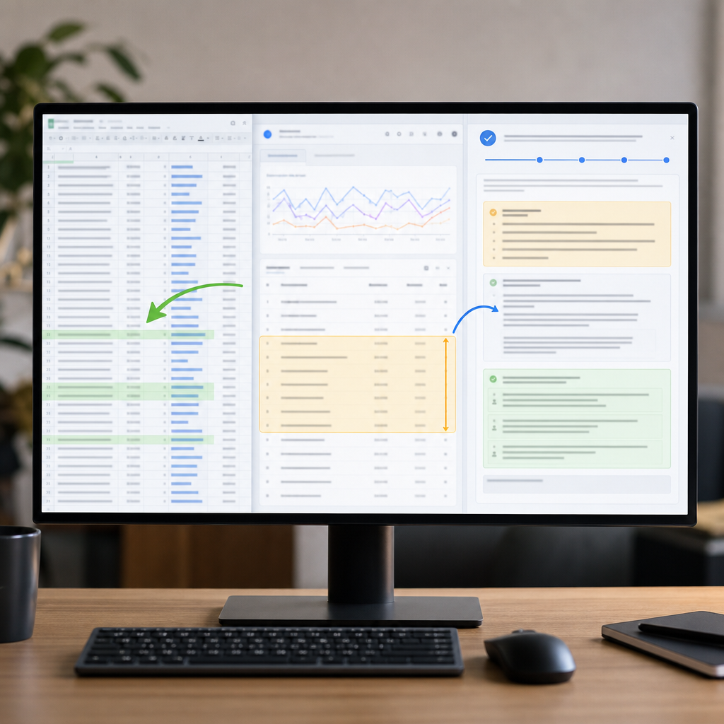 Screenshot style image showing a three column dashboard: Ahrefs Top Pages export, Google Search Cons