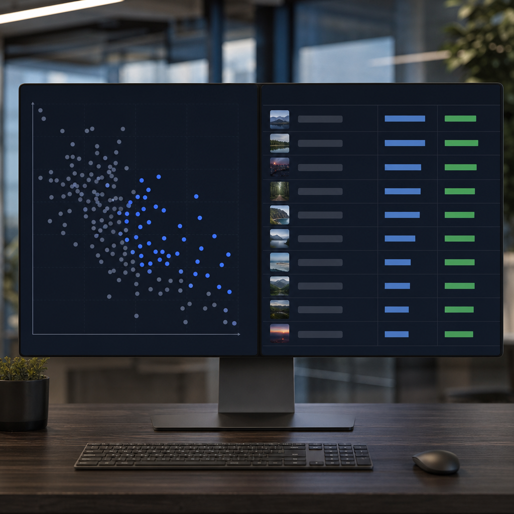 Dashboard style screenshot mockup showing a scatter plot of impressions versus average position with