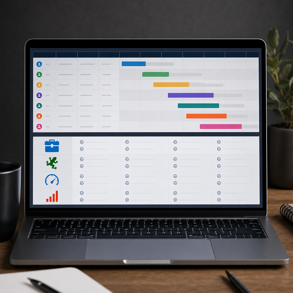 A clear 7-day audit timetable on a laptop screen with columns for Owner, Day, Task, and Tool; a chec