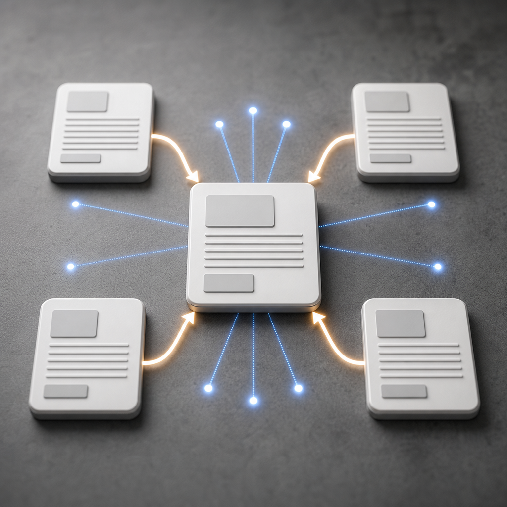Diagram of a topical cluster for a SaaS feature: central pillar page with arrows from four supportin