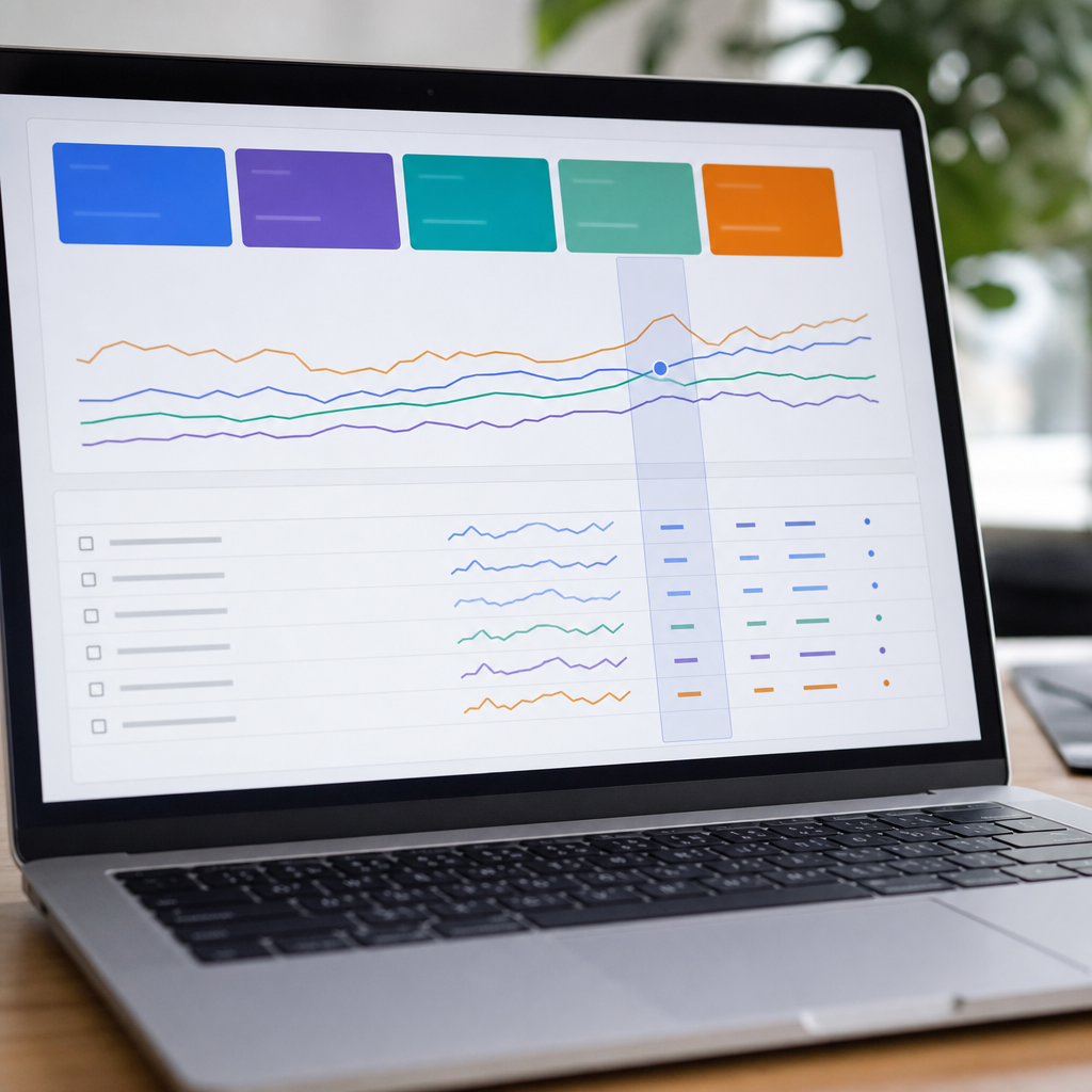 Screenshot-style photo realistic image of Google Search Console Performance report showing queries