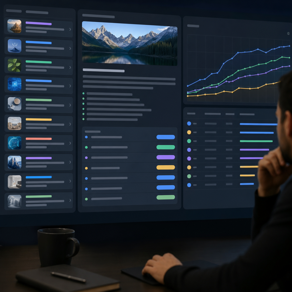 Screenshot-style photo realistic image of a Ranklytics dashboard showing topic clusters on the left