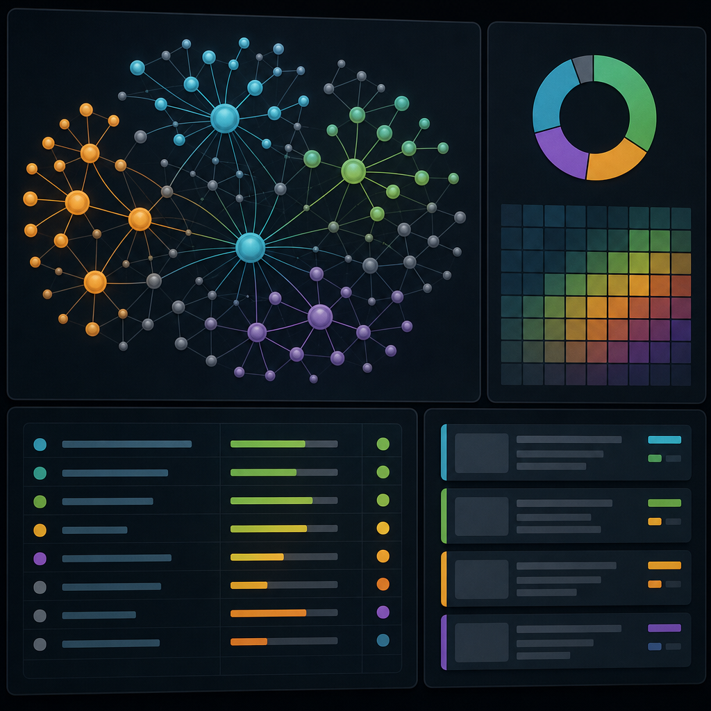 Dashboard view of a topical authority map showing content clusters, page scores, and priority briefs