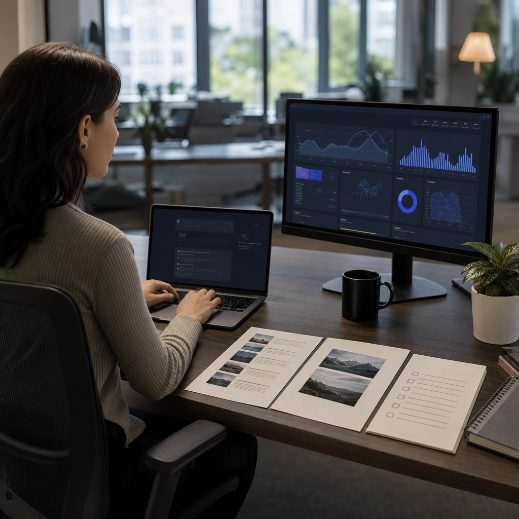 A content strategist at a modern desk using ChatGPT on a laptop with a Ranklytics dashboard visible