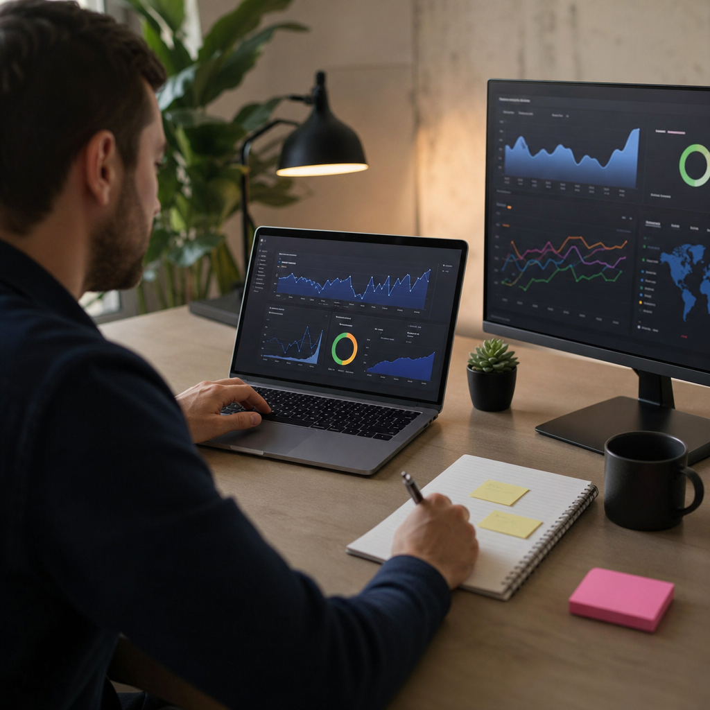 Professional workspace showing a marketer analyzing Ahrefs dashboards on a laptop with graphs for ba