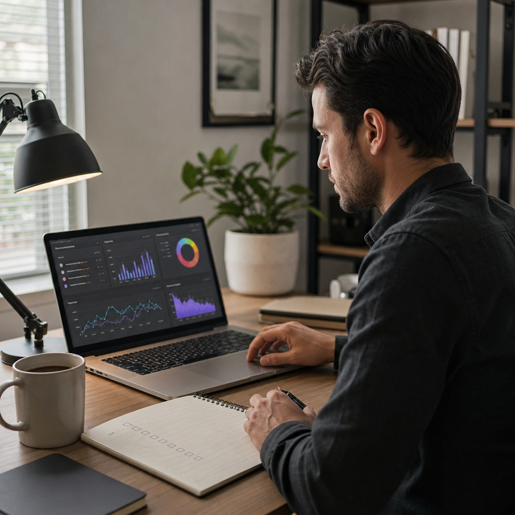 Photorealistic image of a solo content creator at a compact home office desk, laptop open with Rankl