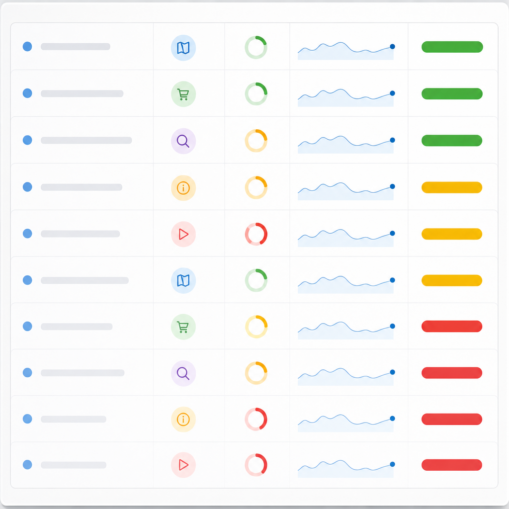 Screenshot style image showing a content prioritization dashboard with columns for topic, intent, KD