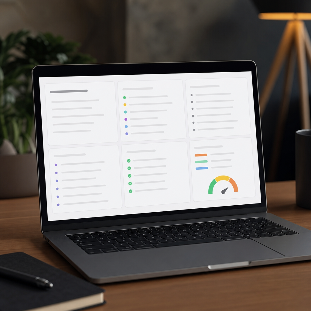 Photo realistic shot of a laptop screen showing a content brief dashboard: fields visible include ti