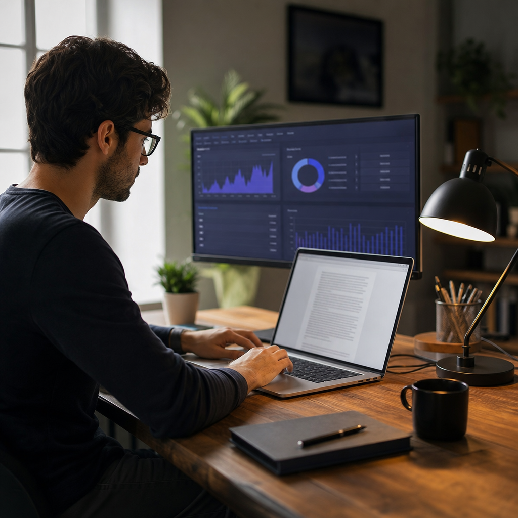 A focused workspace showing a solo blogger editing an AI-generated draft on a laptop, with a Ranklyt