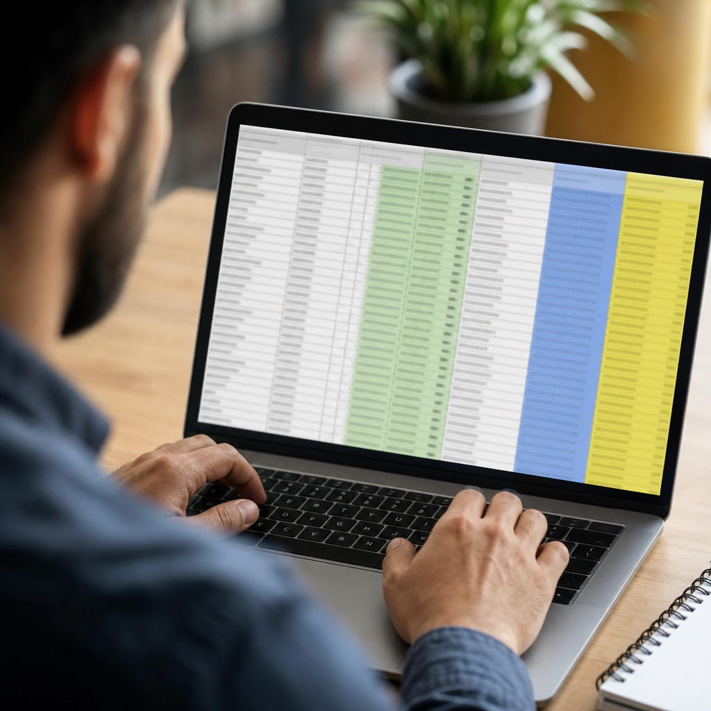 Close-up of a marketer reviewing a backlink prospect spreadsheet on a laptop, with highlighted colum