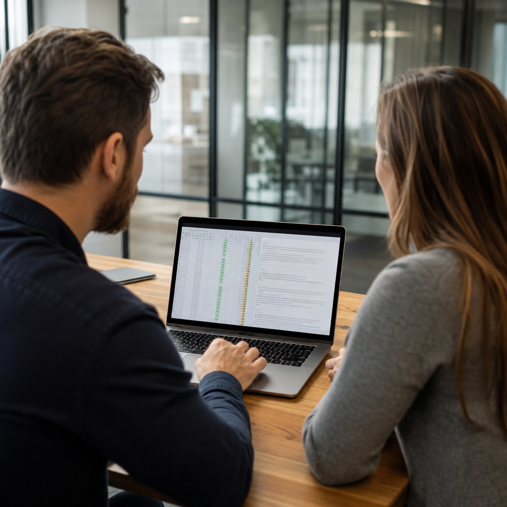 Two marketers reviewing a spreadsheet of outreach prospects on a laptop, one screen showing an outre