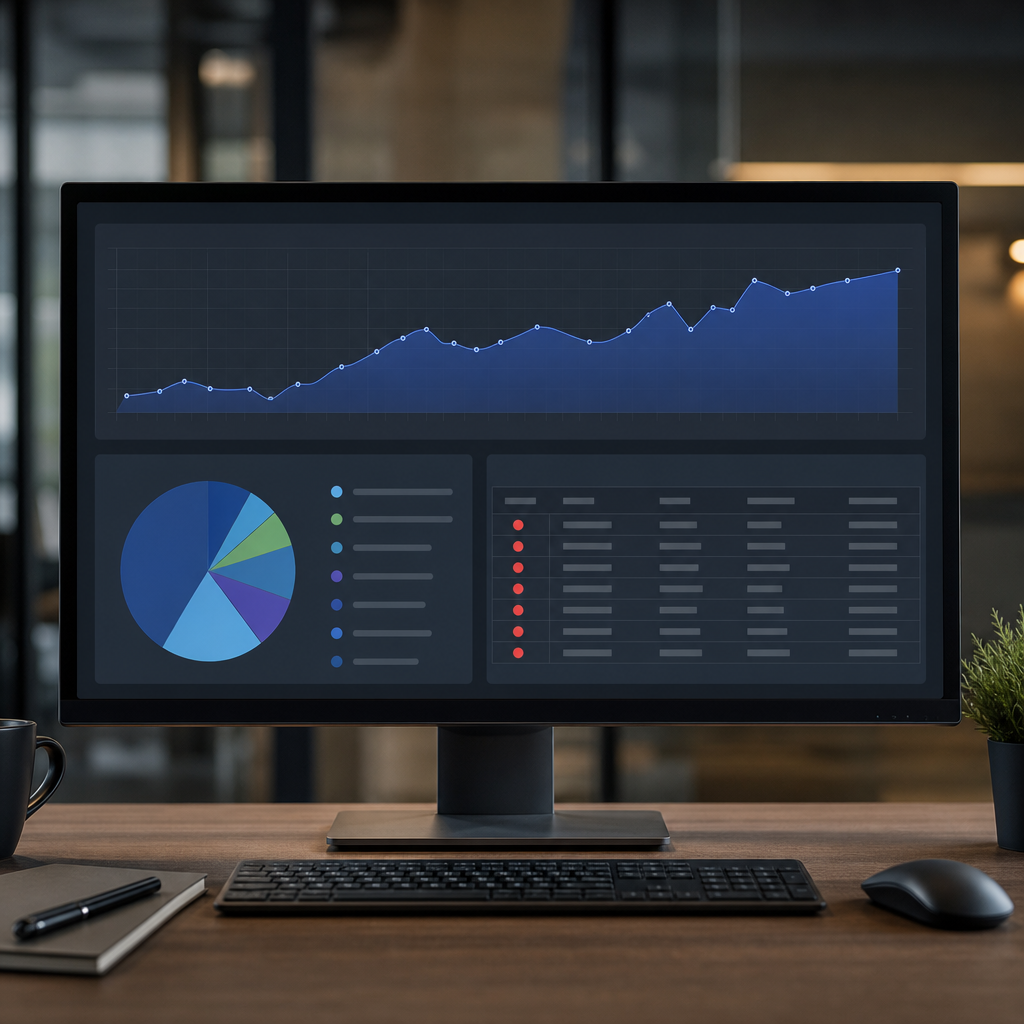 Professional audit dashboard showing backlink velocity graph, anchor text distribution pie chart, an