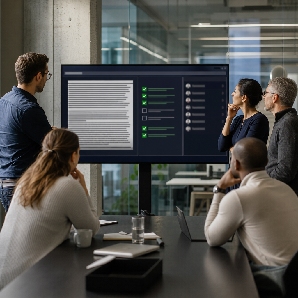 Photo realistic image of an editorial team gathered around a large monitor reviewing an AI generated