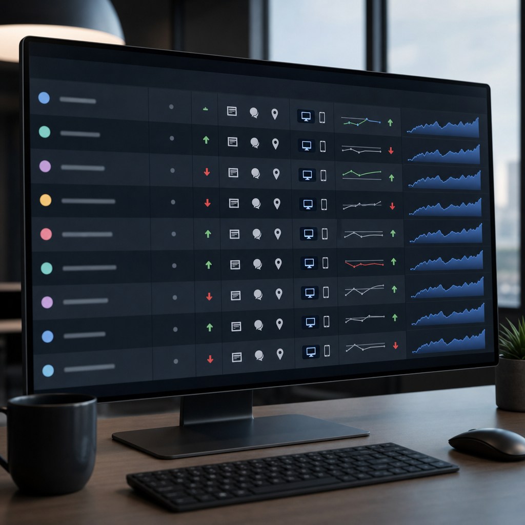 A photo-realistic dashboard screenshot style image showing a rank tracking dashboard with columns fo