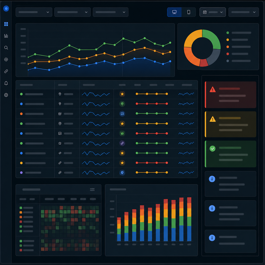 A professional dashboard screenshot mockup showing keyword position changes over time, SERP feature