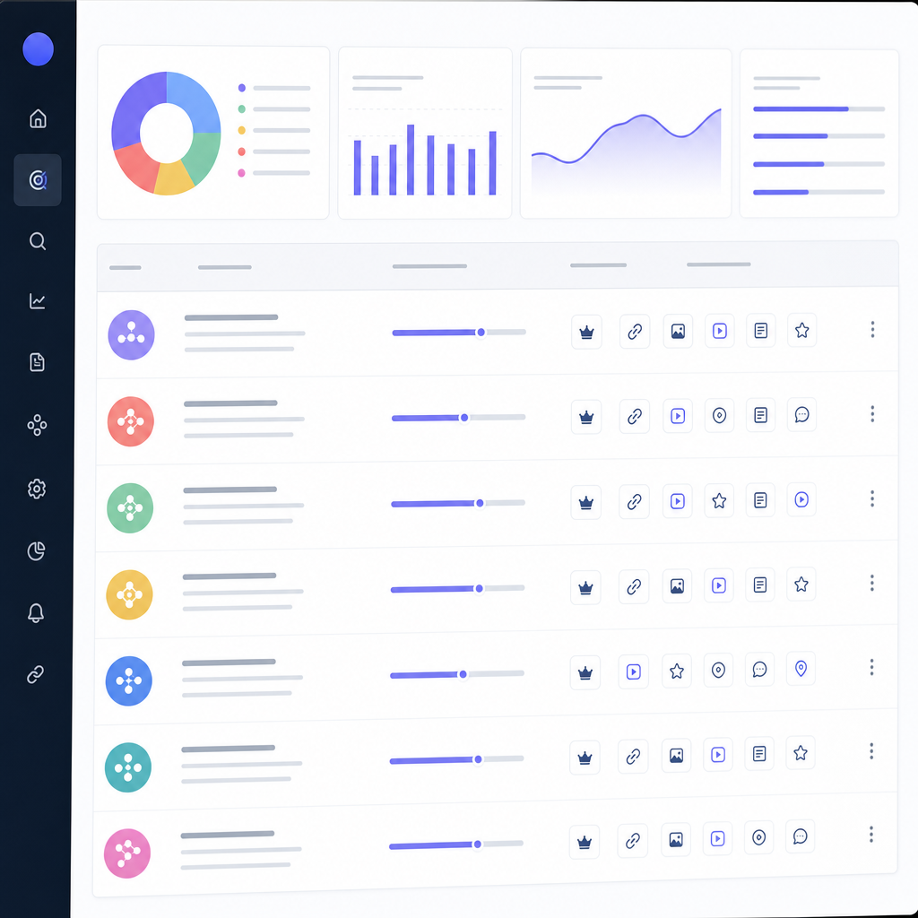 A professional dashboard screenshot mockup showing topic clusters, opportunity score bars, and SERP