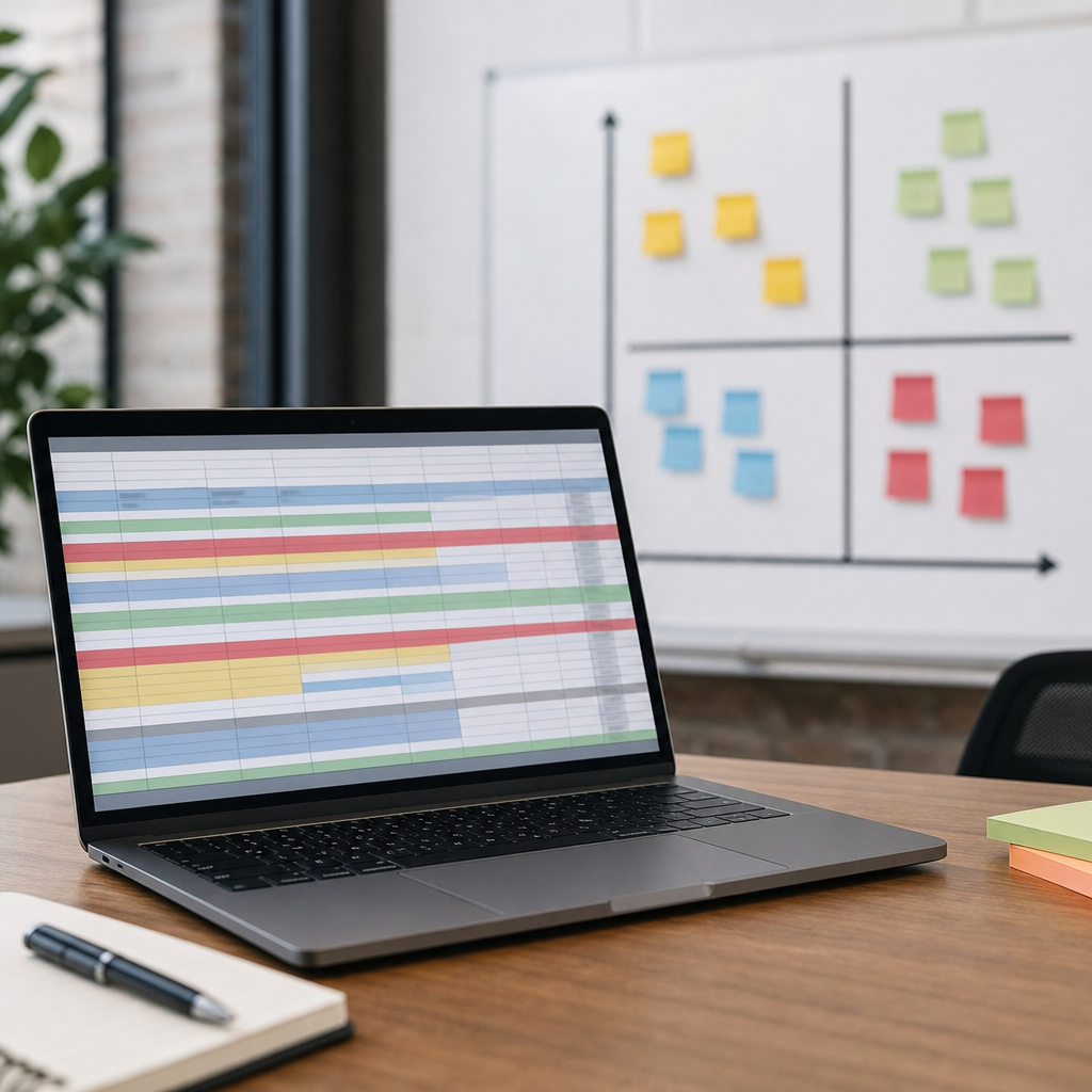 Photo realistic image of an editorial backlog spreadsheet on a laptop screen, rows color-coded by pr