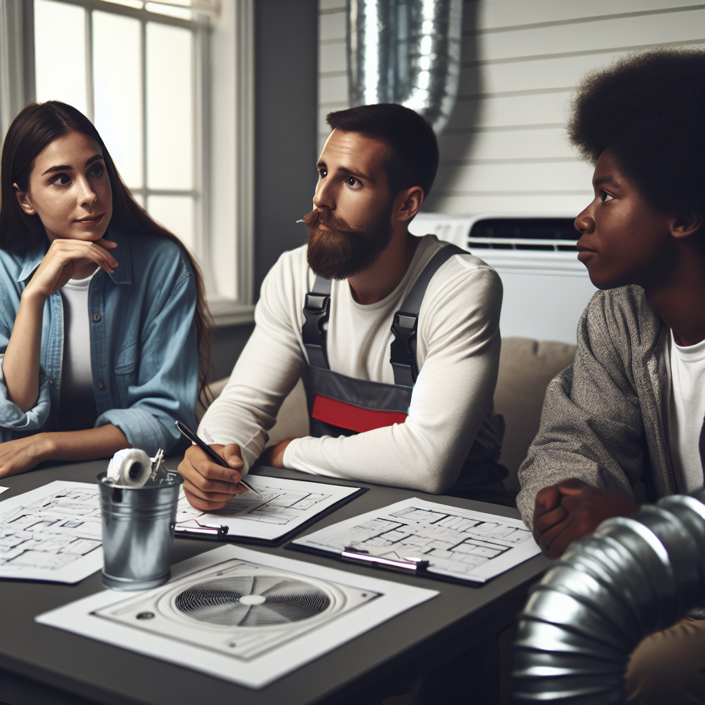 A group of HVAC technicians discussing air duct maintenance strategies in a cozy Montreal office