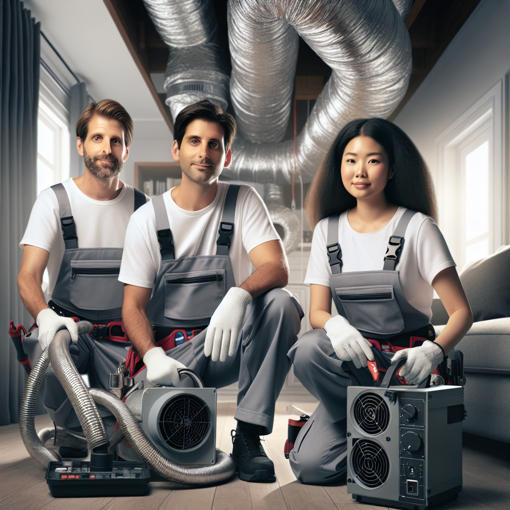 A team of professional technicians performing air duct cleaning inside a Montreal home with advanced equipment
