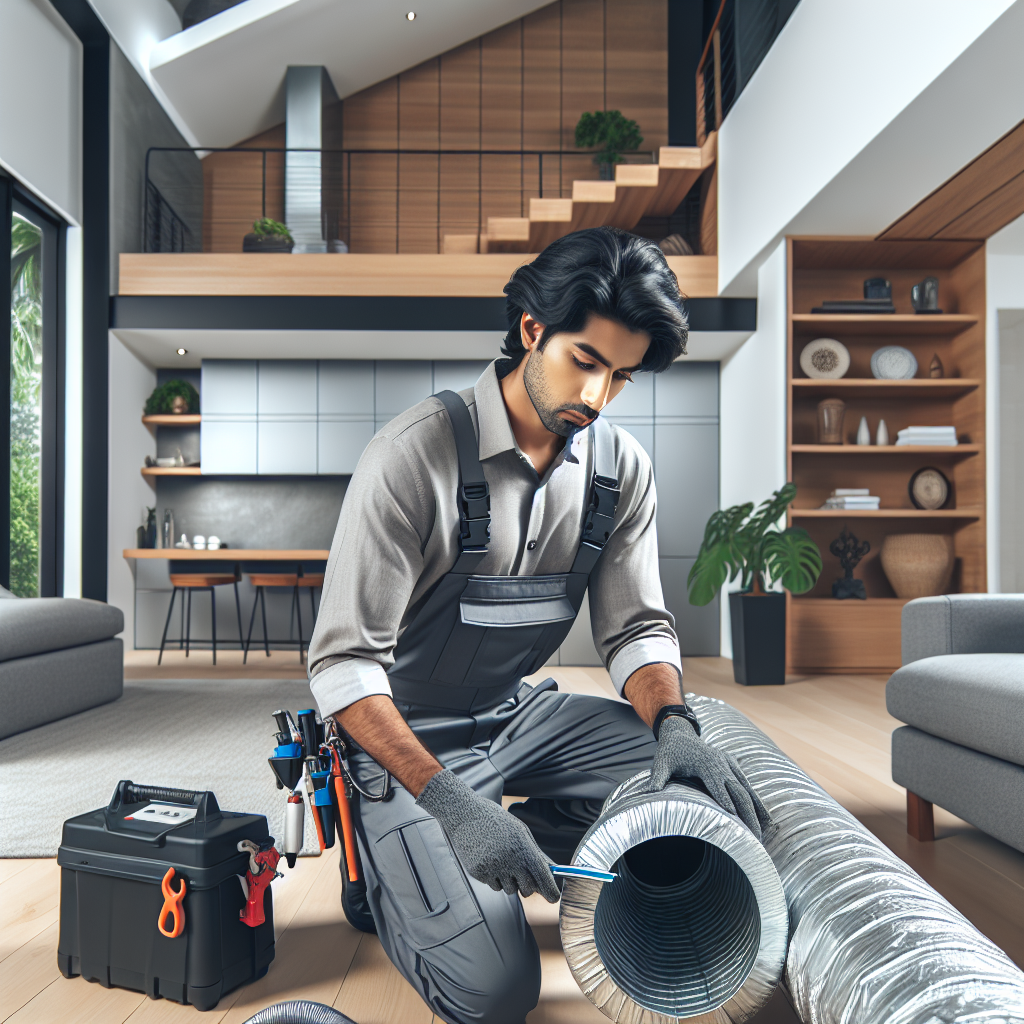A professional technician performing air duct cleaning in a modern home