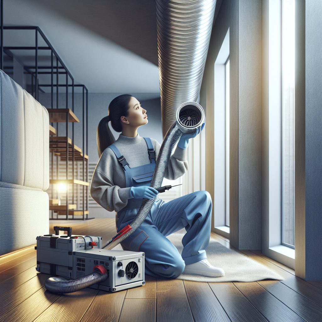 A professional air duct cleaner inspecting ducts with specialized equipment in a modern home