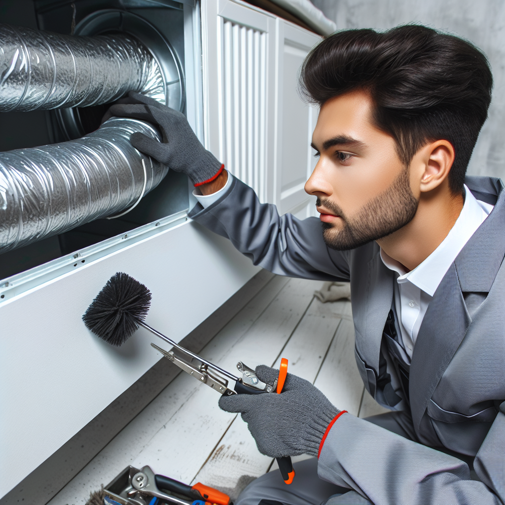 A technician inspecting and cleaning a residential dryer duct with tools