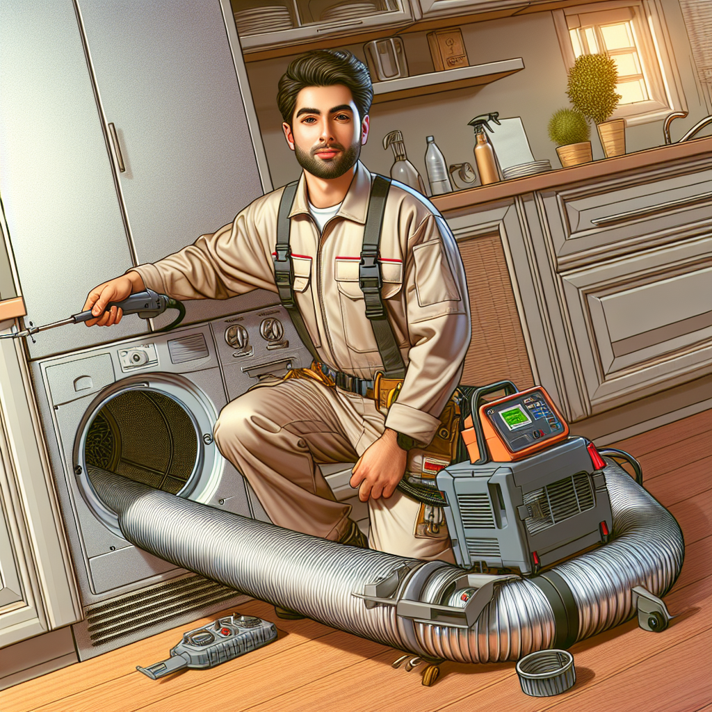A technician performing dryer duct cleaning in a residential setting with tools and equipment