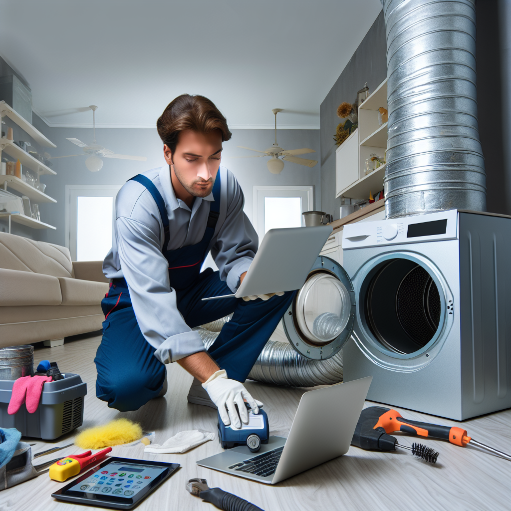 A technician performing dryer duct cleaning in a residential setting, with tools and equipment visible