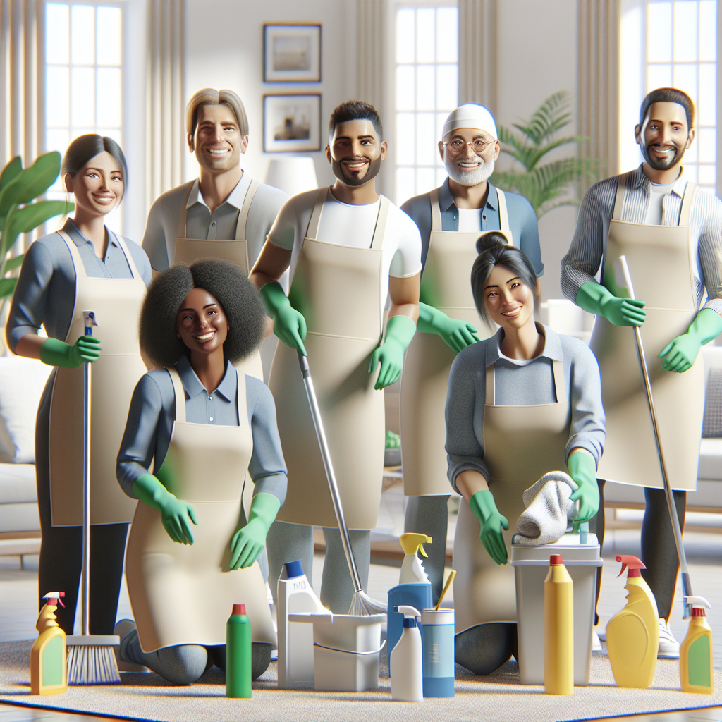 A cheerful team of professional cleaners using eco-friendly products in a bright and tidy home environment
