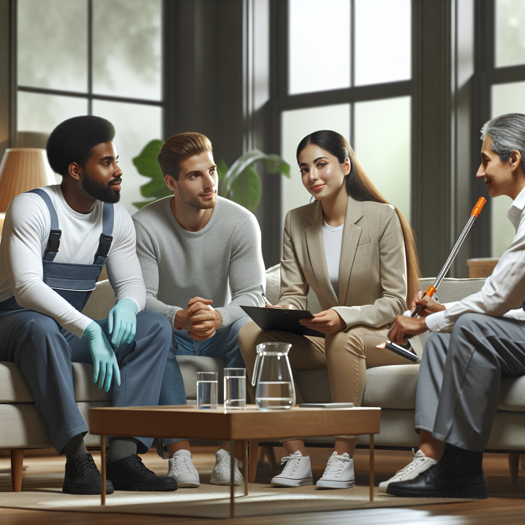 A diverse group of professional cleaners discussing their customized plans with homeowners in a modern living room