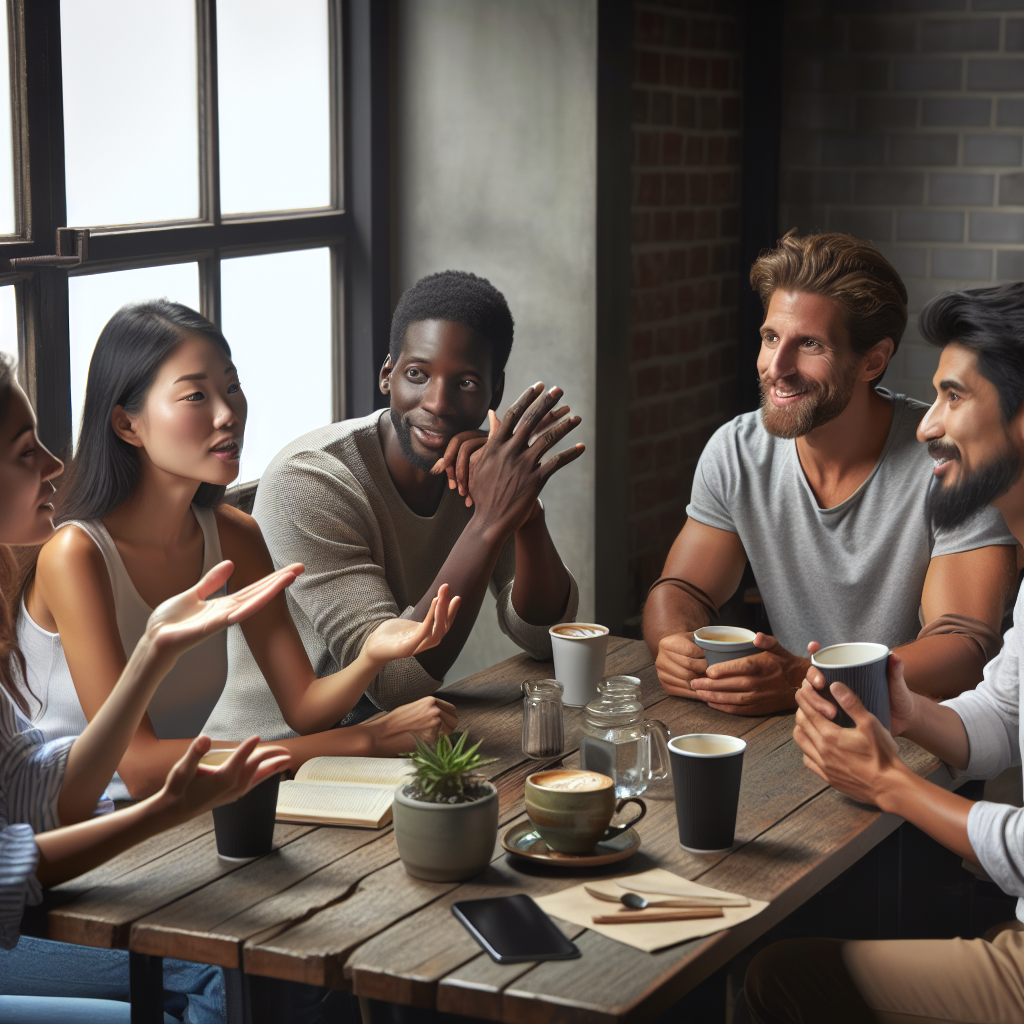 A group of friends discussing their experiences with different cleaning services over coffee