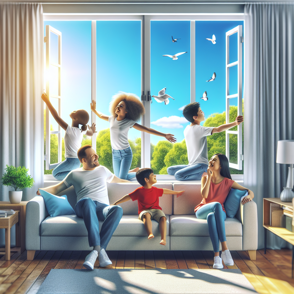 A family enjoying clean air in their living room with a bright blue sky visible through windows
