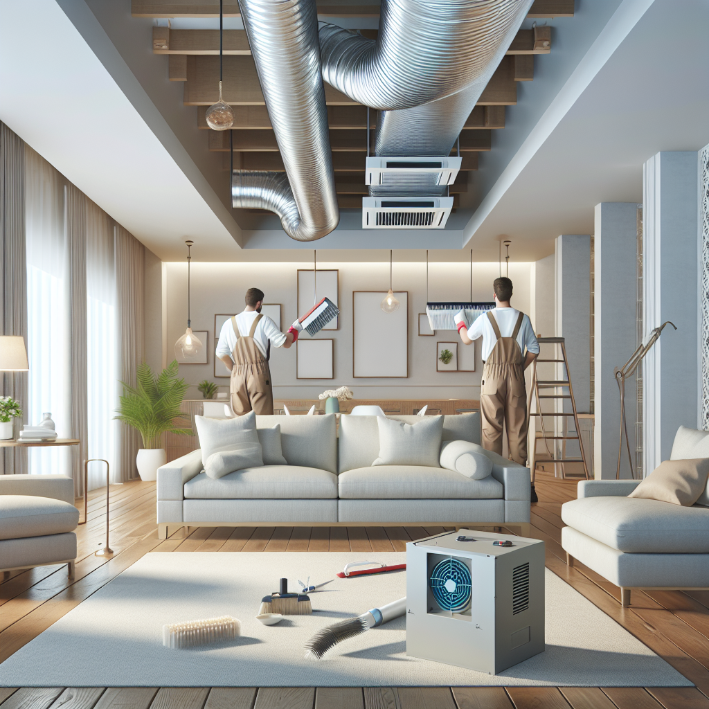 A modern living room with clean air ducts being serviced by professionals using advanced equipment