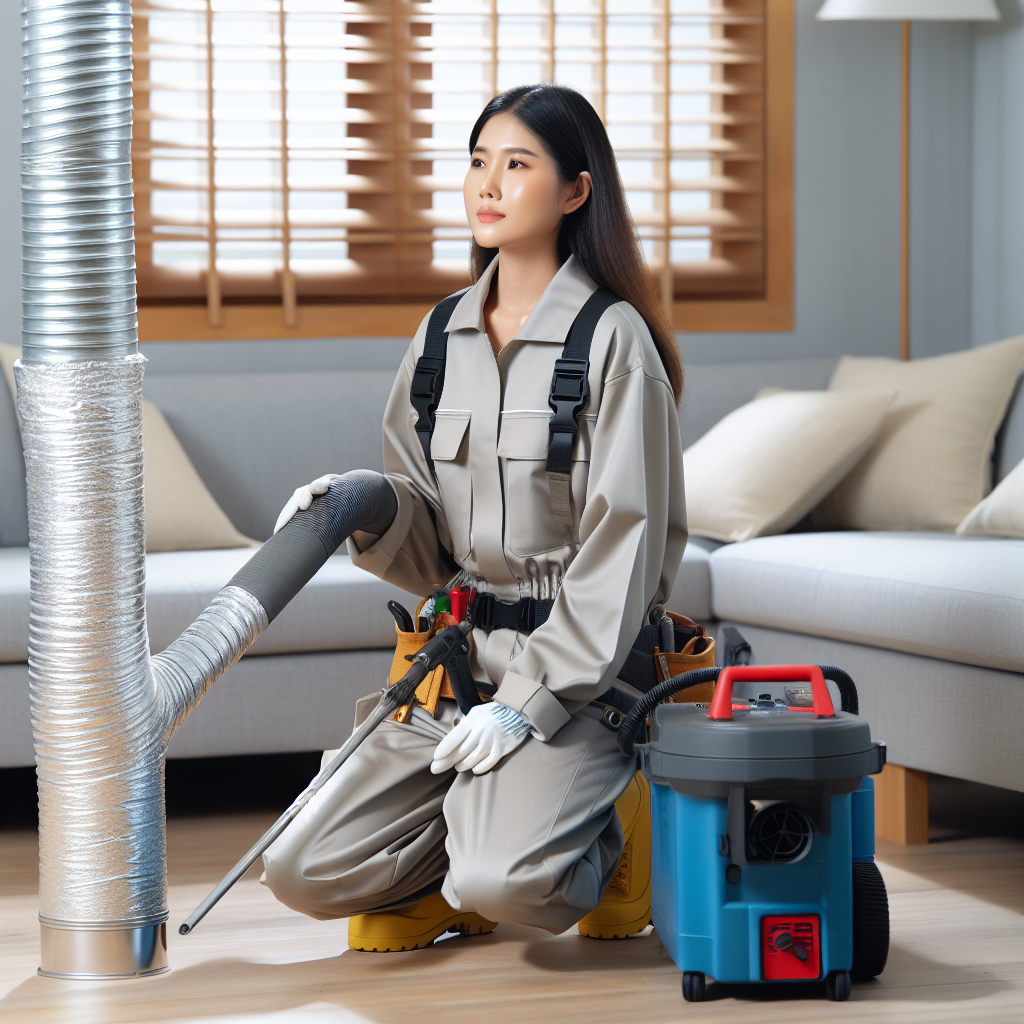 A professional technician performing air duct cleaning in a residential setting with advanced equipment