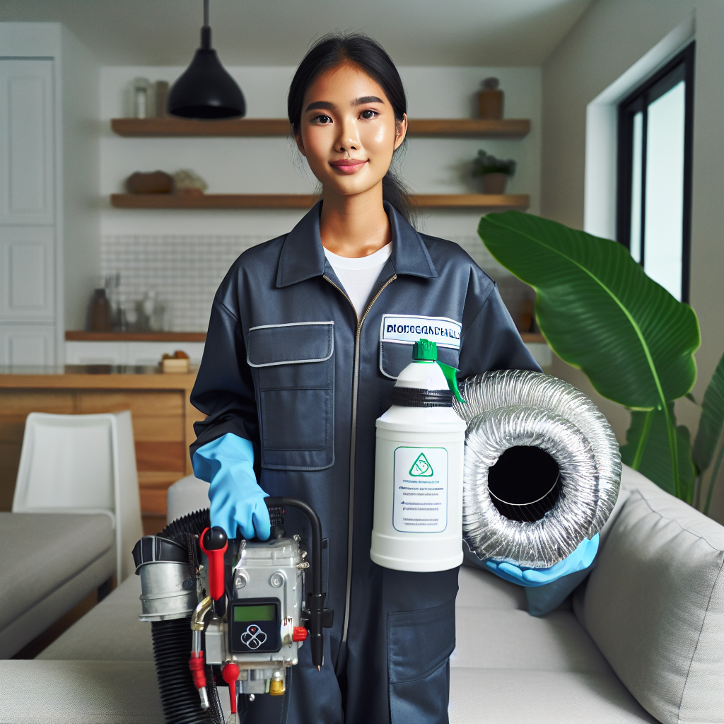 A professional technician performing eco-friendly duct cleaning using advanced equipment and biodegradable products in a modern home setting