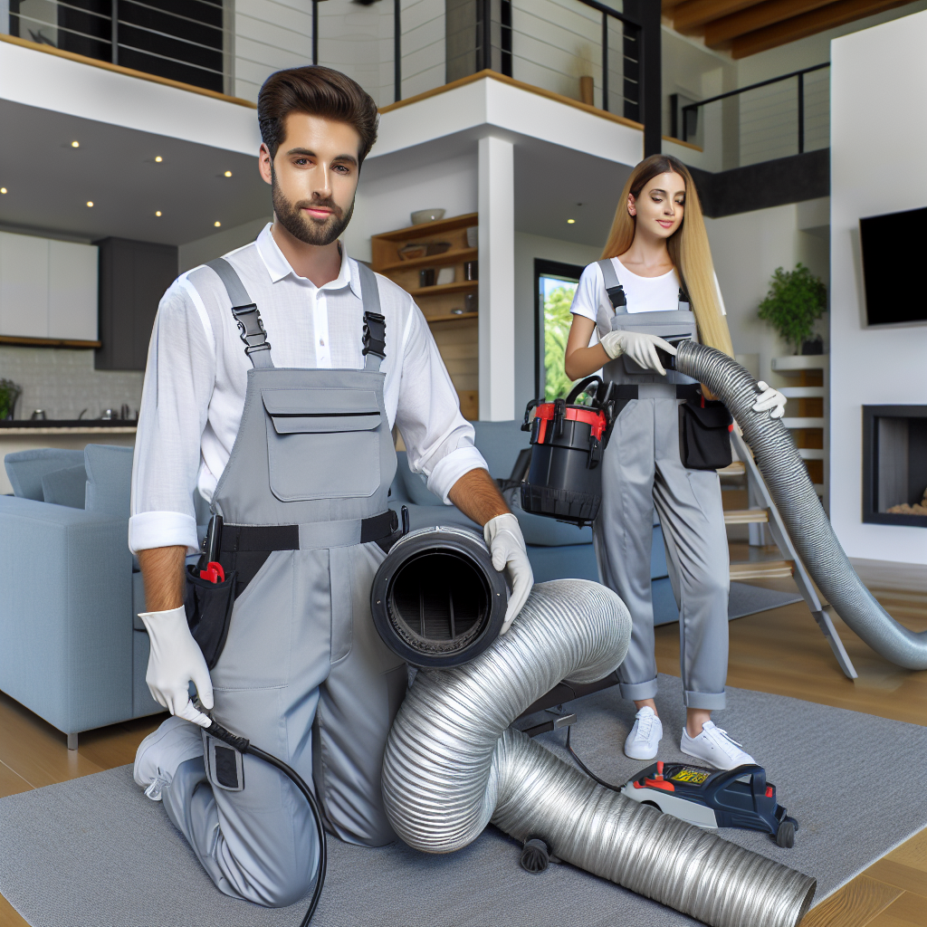 A professional technician performing air duct cleaning using advanced equipment in a modern home setting