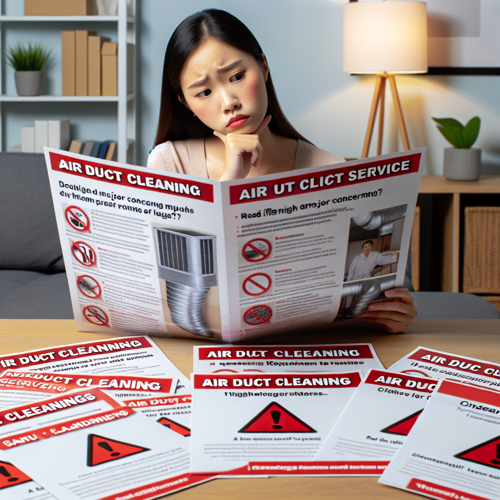 A concerned homeowner looking at various air duct cleaning service brochures with red flags highlighted