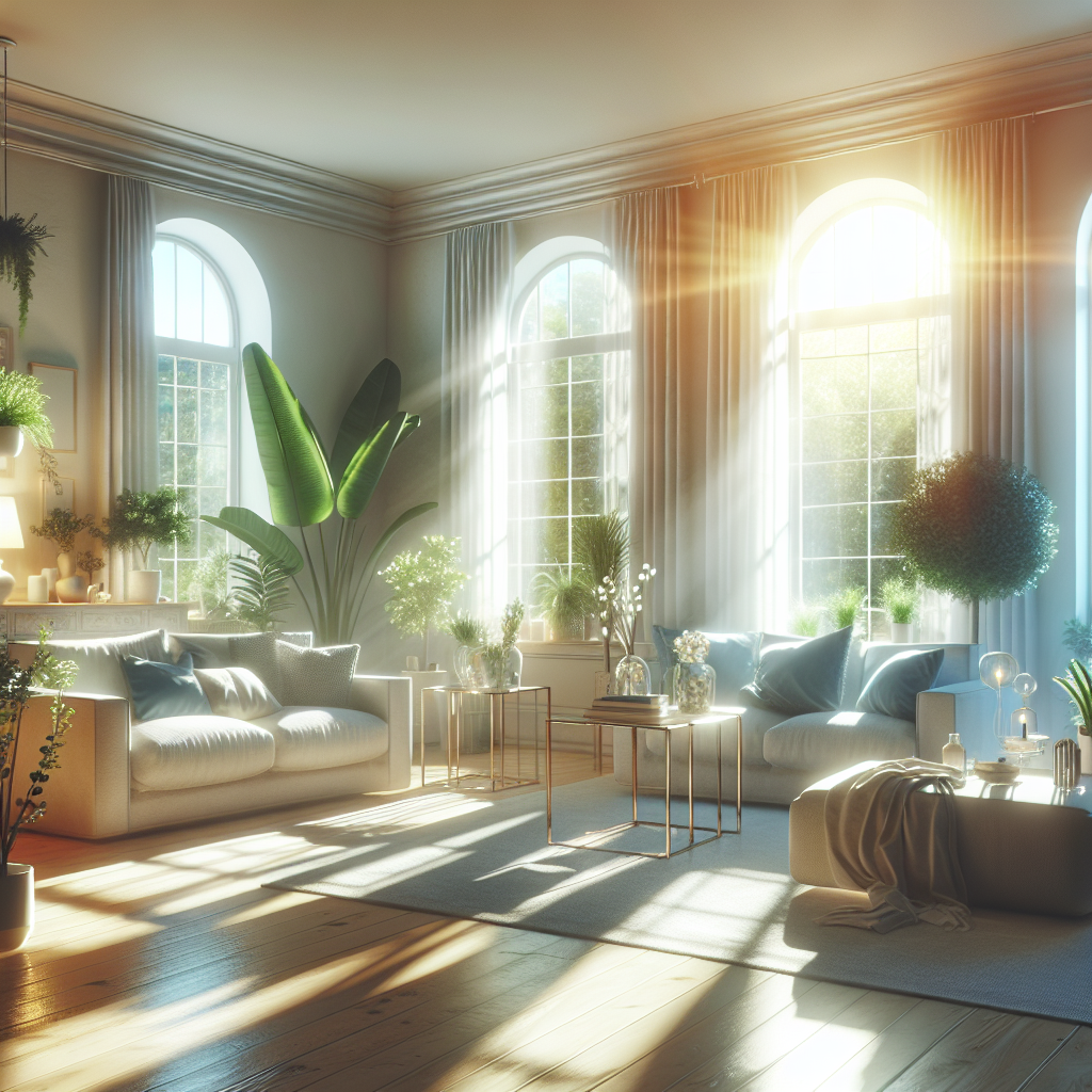 A cozy living room with sunlight streaming through clean windows, showcasing spotless furniture and vibrant plants