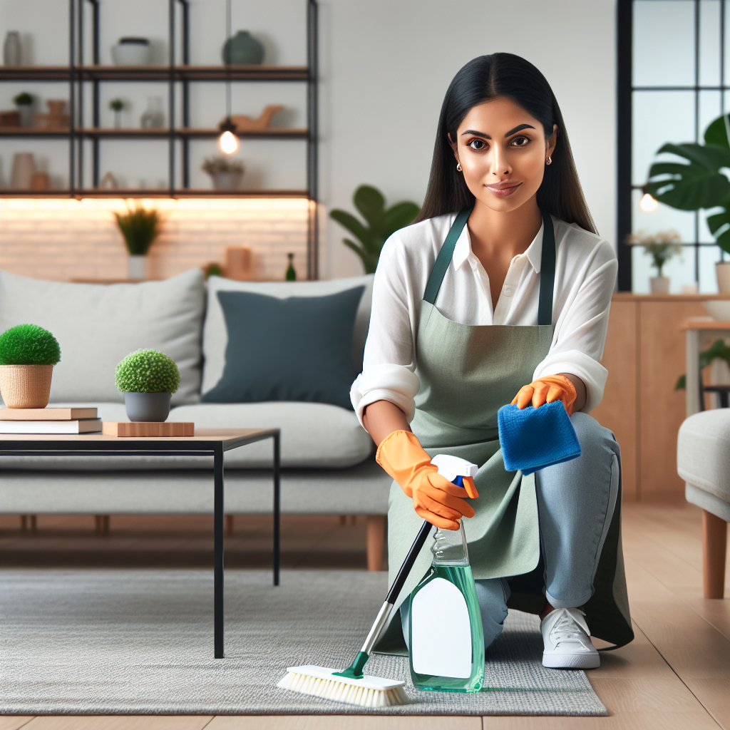 A professional cleaner demonstrating effective cleaning techniques in a modern living room with eco-friendly products