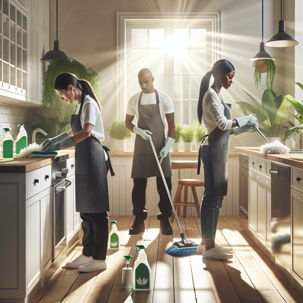 A team of professional cleaners using eco-friendly products in a bright kitchen filled with plants and natural light