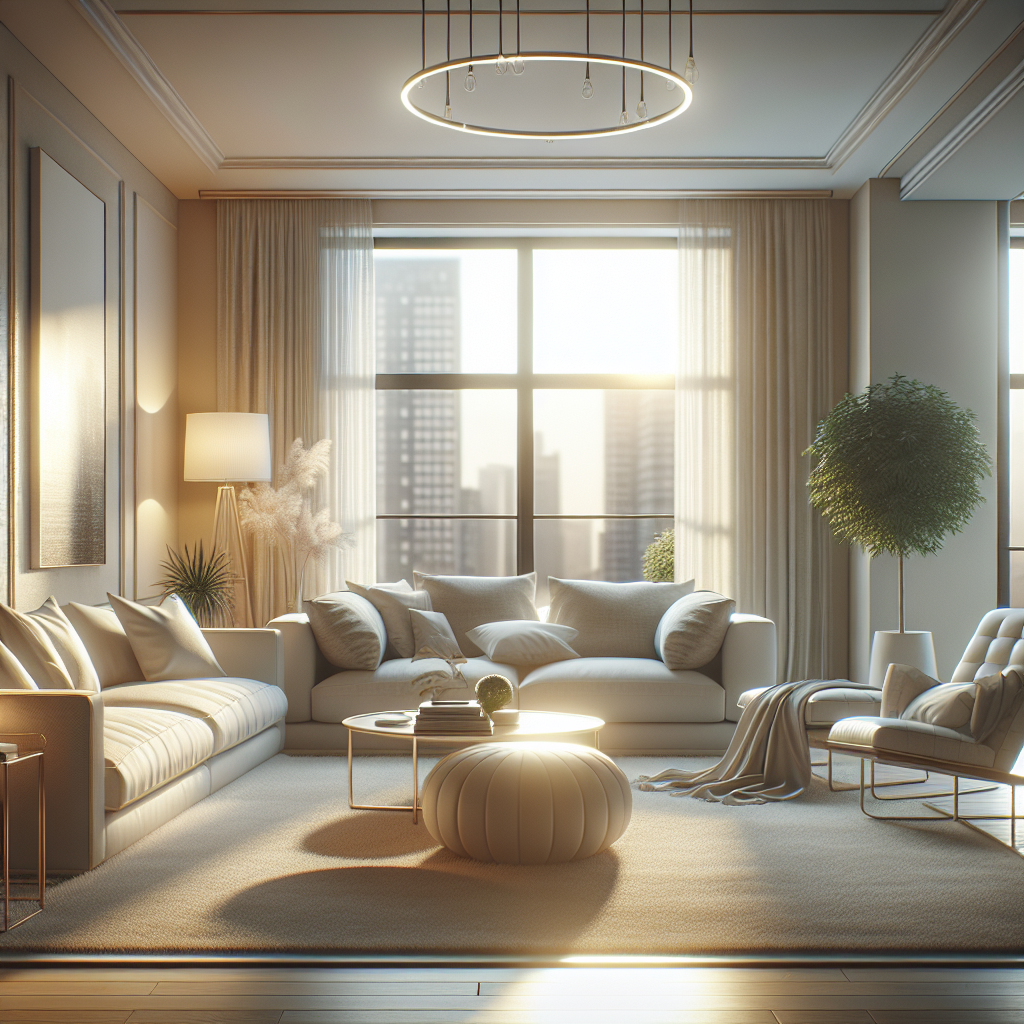 A serene living room with soft lighting and clean surfaces, depicting relaxation and peace after professional cleaning