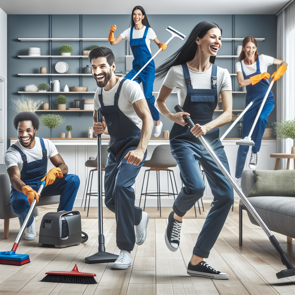 A cheerful team of professional cleaners working efficiently in a modern apartment