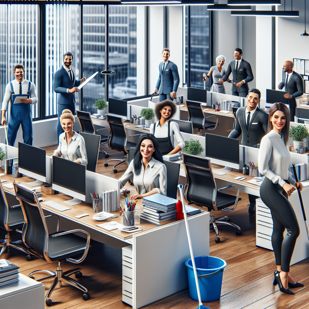 A busy office environment being cleaned by professionals with smiles on their faces