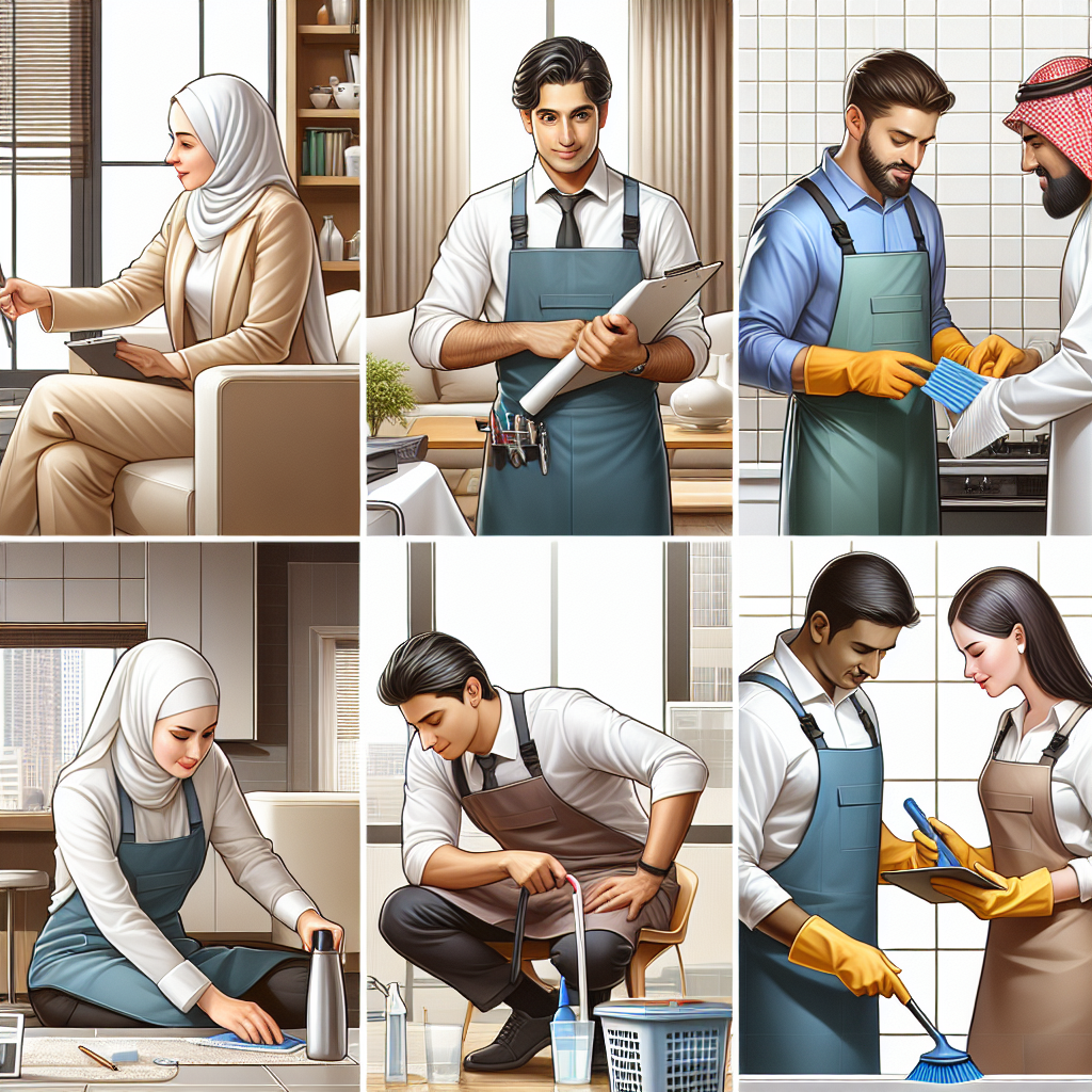 A diverse team of cleaners working together in various settings such as homes and offices