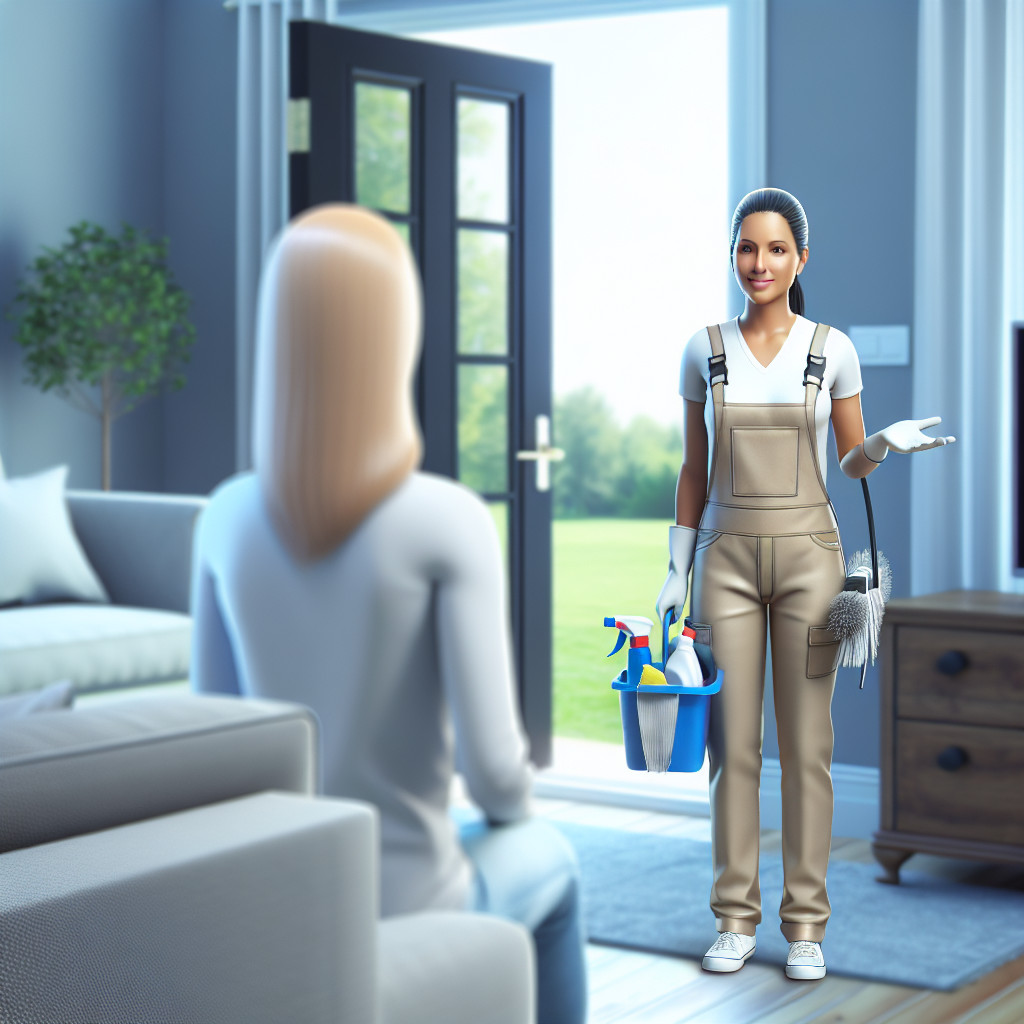 A friendly cleaner arriving at a client's home with supplies ready for action